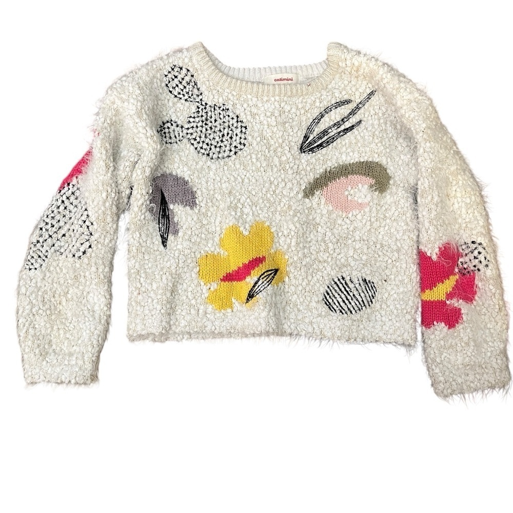 Catamini Polyester Lambs Wool Blend Fuzzy Floral Knit Sweater Girls Size 5